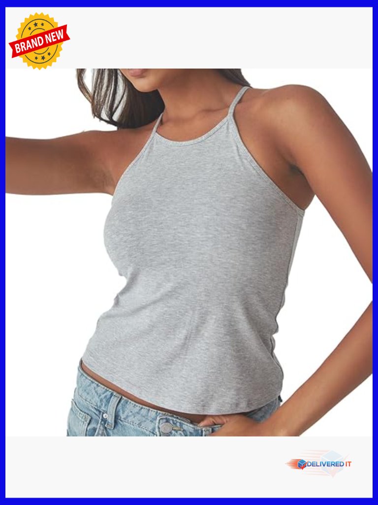Women's High Neck Tank Top With Built-In Bra, Racerback Full Length